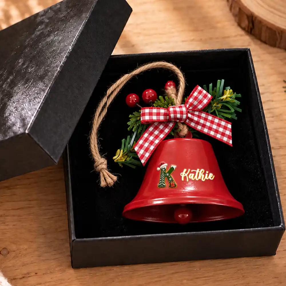 Christmas,Family,Happy,Icon - Gift For Family Kids - Personalized Name Santa Hat Initial Bell Ornament