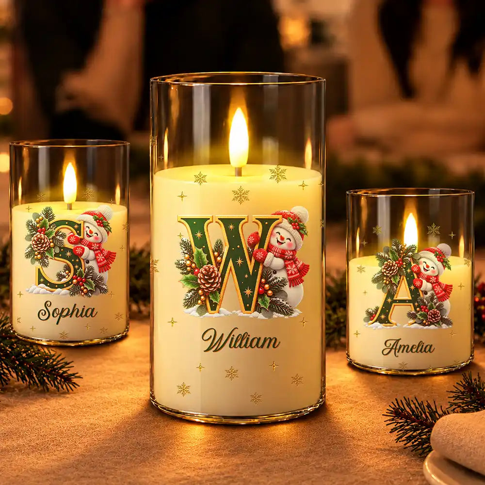 Christmas Home Decor Gift For Family - Personalized Name Snowman Hugging Christmas Initial LED Candle