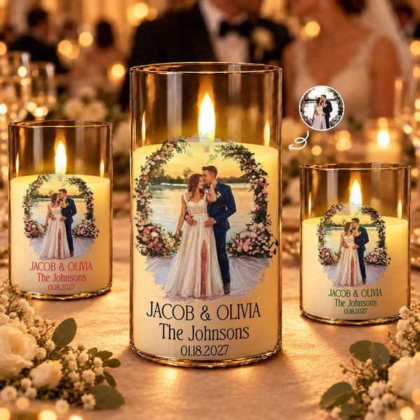 Anniversary,Art Design,Christmas,Custom Photo,Gift For Couples,Old Couples,Photo - Oil Painting,Romantic - Wedding Decor & Anniversary Gift For Couple - Personalized Custom Photo Names And Date Couple Portrait LED Candle