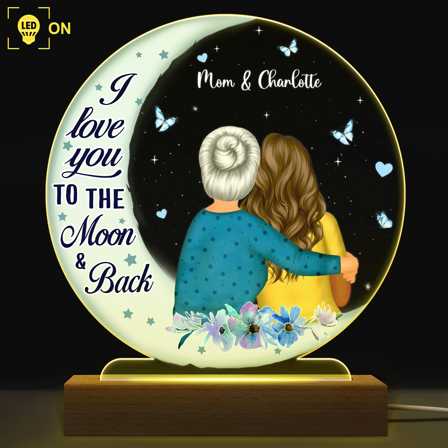 Love You To The Moon And Back - Gift For Grandma - Personalized Custom 3D Led Light Wooden Base
