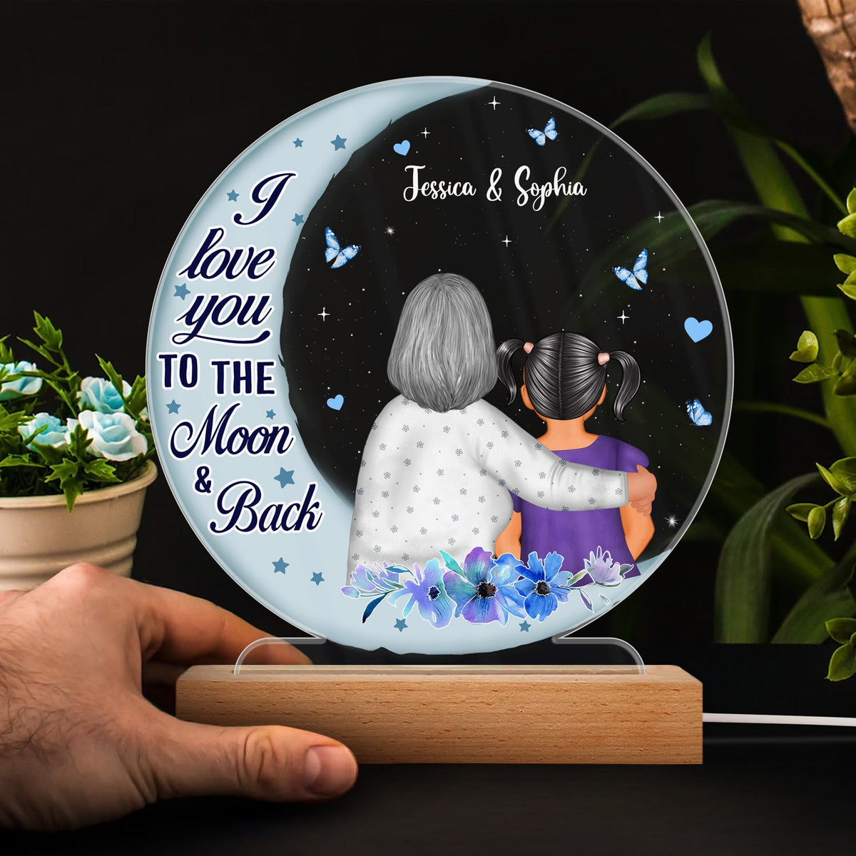 Love You To The Moon And Back - Gift For Grandma - Personalized Custom 3D Led Light Wooden Base