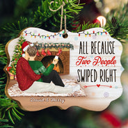 All Because Two People Swiped Right - Christmas Gift For Couples - Personalized Medallion Wooden Ornament