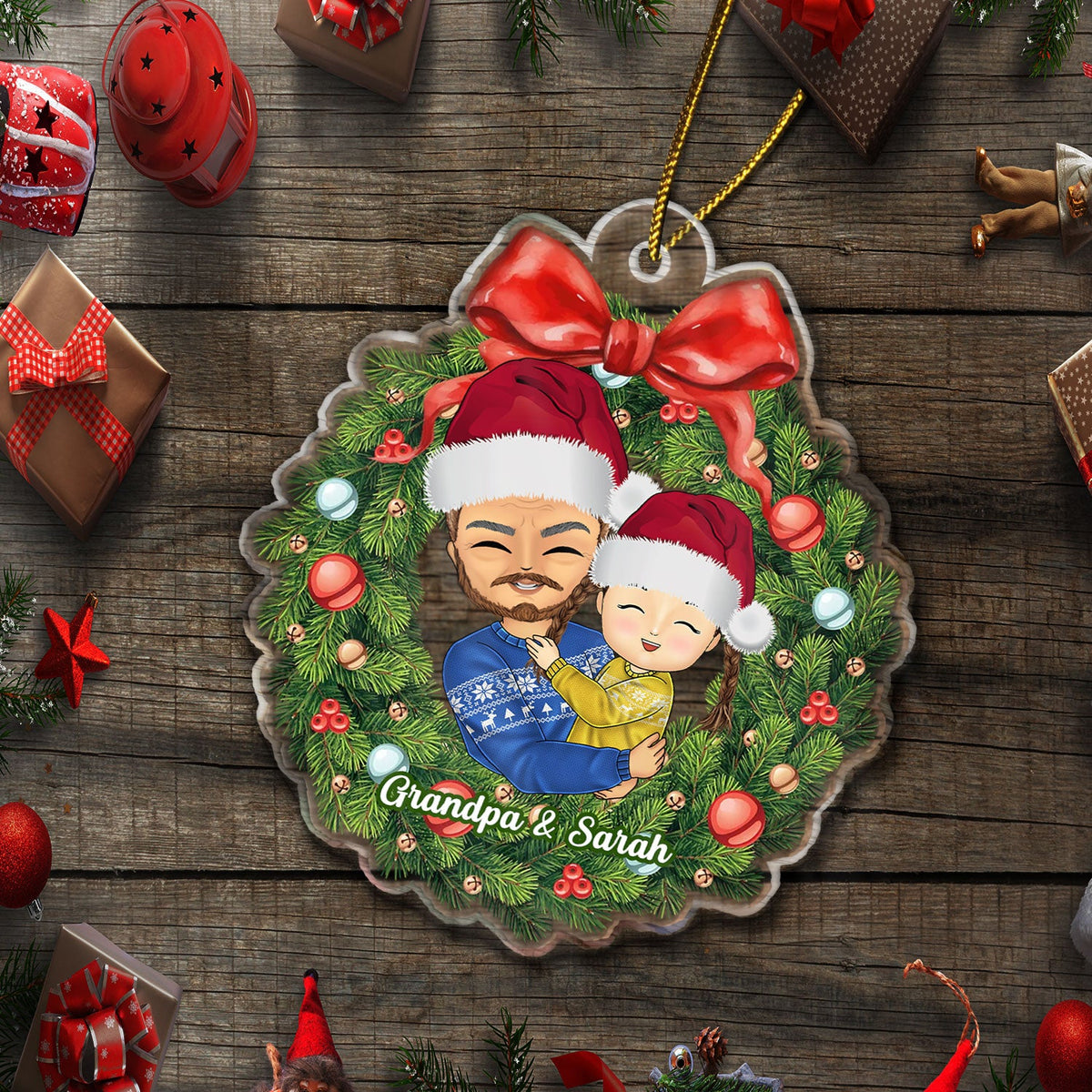 Grandparents Hug Grandkids Christmas Wreath - Gift For Grandma, Grandmother, Grandfather, Grandpa - Personalized Custom Shaped Acrylic Ornament