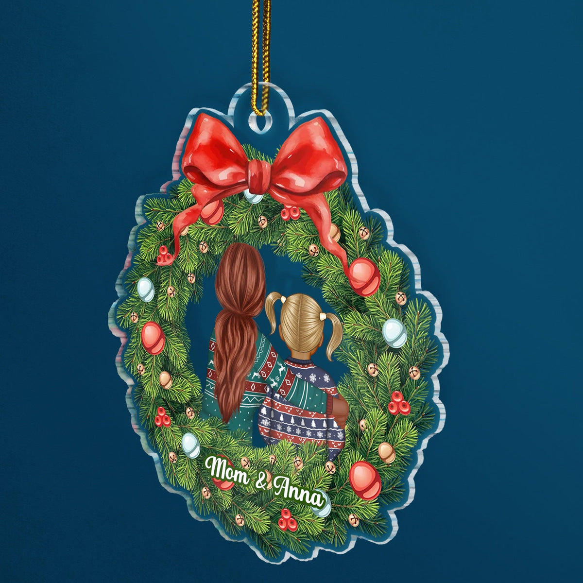Christmas Wreath Mom Hugs Daughter Son - Gift For Mother, Grandmother, Grandma - Personalized Custom Shaped Acrylic Ornament