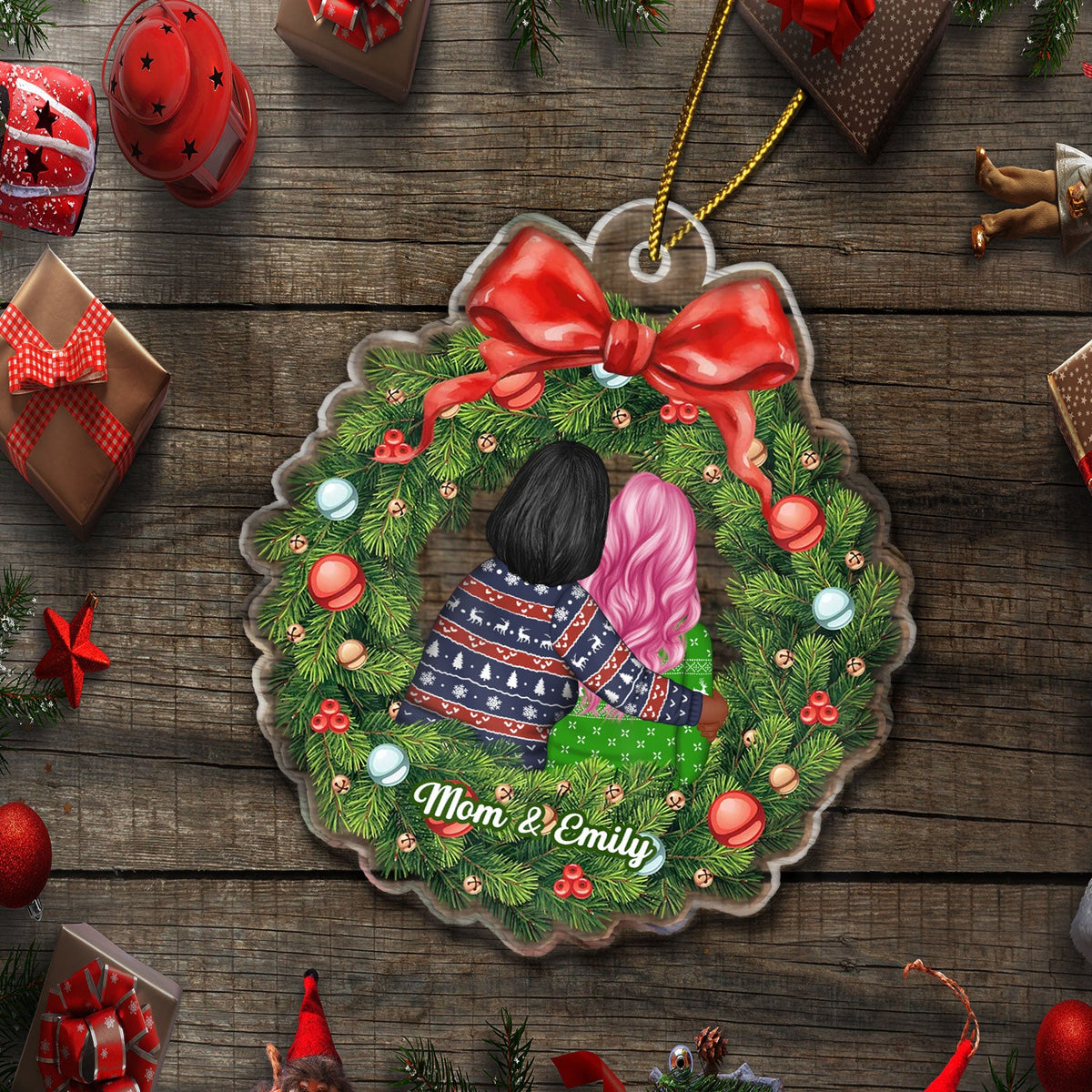 Christmas Wreath Mom Hugs Daughter Son - Gift For Mother, Grandmother, Grandma - Personalized Custom Shaped Acrylic Ornament