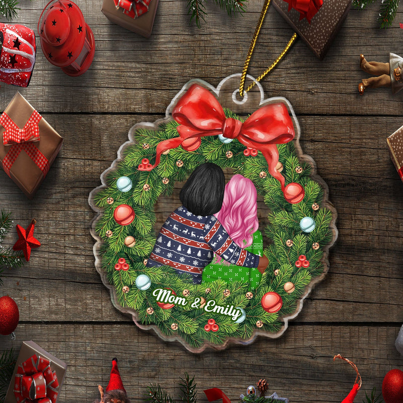 Christmas Wreath Mom Hugs Daughter Son - Gift For Mother, Grandmother, Grandma - Personalized Custom Shaped Acrylic Ornament