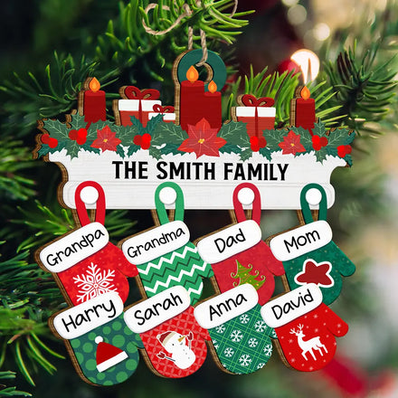Christmas Family Warm Mittens - Personalized Wooden Cutout Ornament