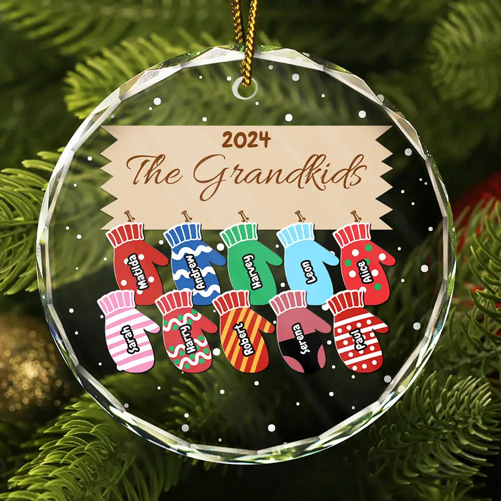 Gift For Grandparents - Mittens With Grandkids Names Christmas - Personalized Circle Glass Ornament