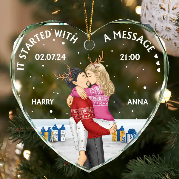 Gift For Couples, Gift For Husband, Gift For Wife, Gift For Boyfriend, Gift For Girlfriend - Started With A Message Couples Christmas - Personalized Heart Shaped Glass Ornament