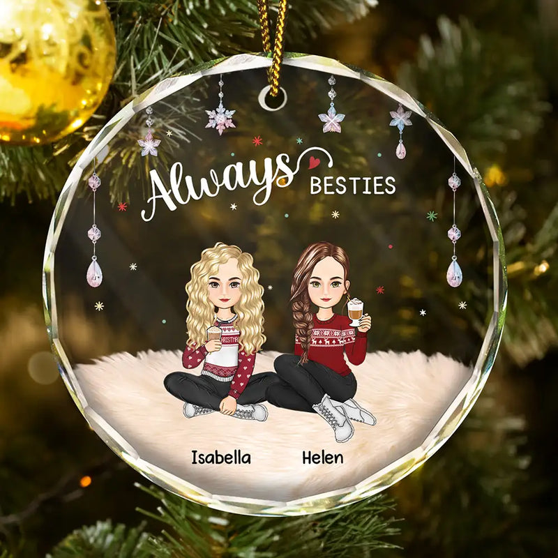 Christmas,Gift For Bestie,Gift For Sisters,Happy,Custom Photo - Always Besties Sisters Cartoon - Personalized Circle Glass Ornament