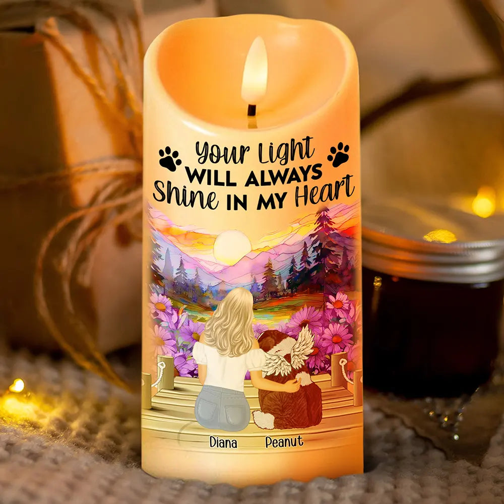 Memorial, Pet Lovers, Dog Lovers, Cat Lovers - Dog Cat Memorial Your Light Will Always Shine In My Heart - Personalized Flameless LED Candle
