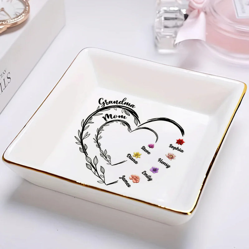Gift For Grandma, Gift For Mother, Gift For Women - Mom Grandma Sweethearts Birth Month Flowers - Personalized Ring Dish