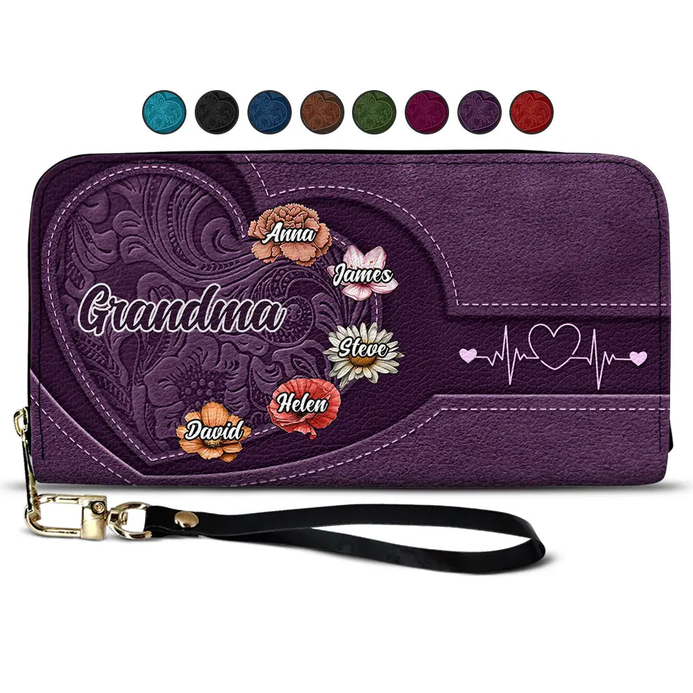 Gift For Grandma,Gift For Mother,Gift For Women,Happy - Grandma Mom Kids Birth Flowers Blooming In Love - Personalized Leather Long Wallet
