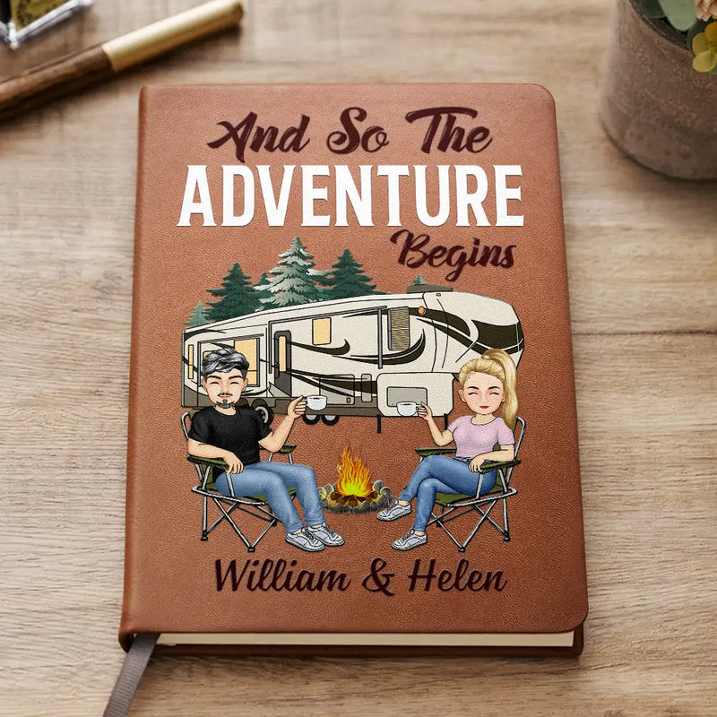 Gift For Husband,Gift For Couples,Gift For Wife,Gift For Boyfriend,Gift For Girlfriend,Camping,Campsite,Happy - The Adventure Book Cartoon Couple Camping - Personalized Leather Journal