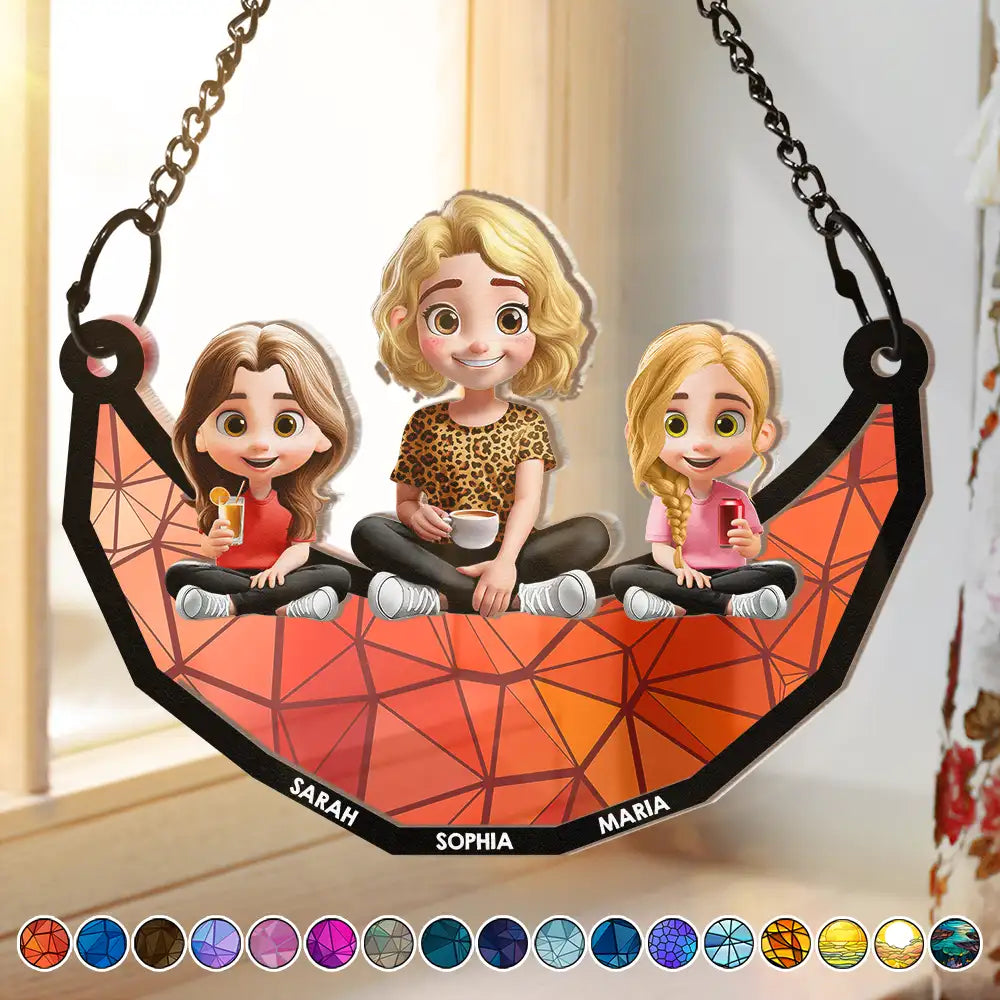 Moon Young Mother Daughter Son We Love You Mom 3D Cartoon - Personalized Window Hanging Suncatcher Ornament