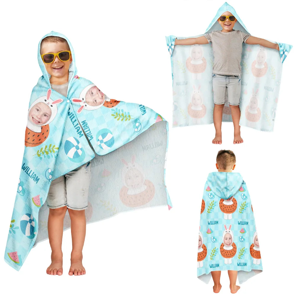 Gift For Kids,Poolside,Travel,Summer,Happy,Swimming,Gift For Daughter,Gift For Son - Custom Photo Summer Fun Kid's Animal Cosplay With Float Ring - Personalized Hooded Beach Towel