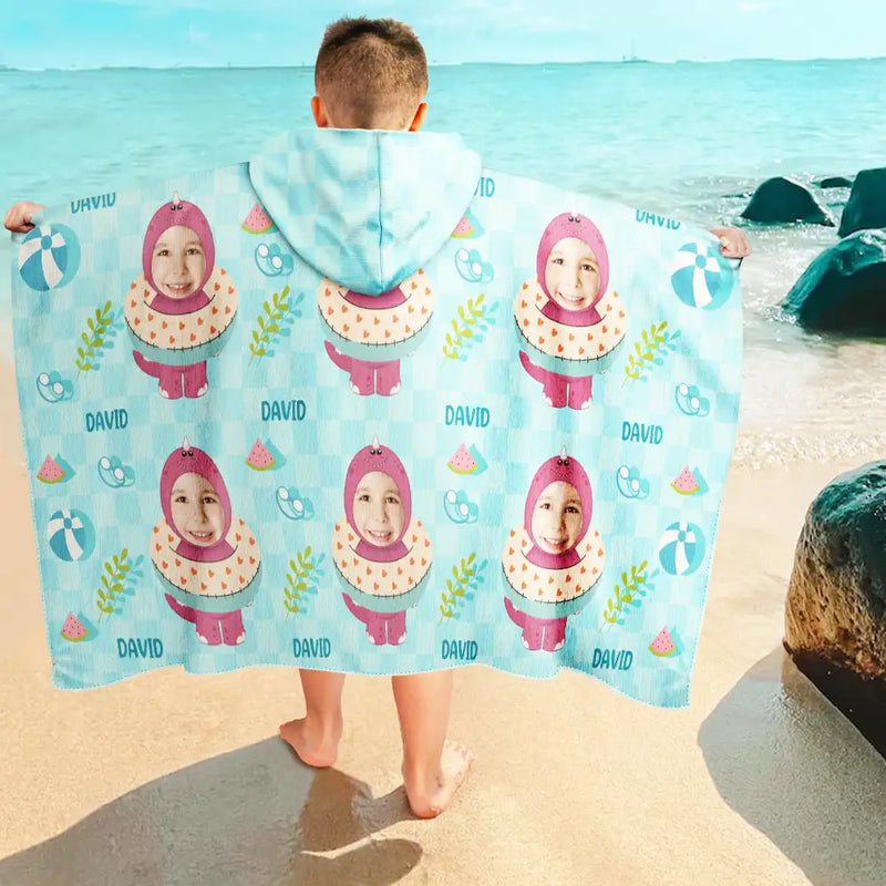 Gift For Kids,Poolside,Travel,Summer,Happy,Swimming,Gift For Daughter,Gift For Son - Custom Photo Summer Fun Kid's Animal Cosplay With Float Ring - Personalized Hooded Beach Towel