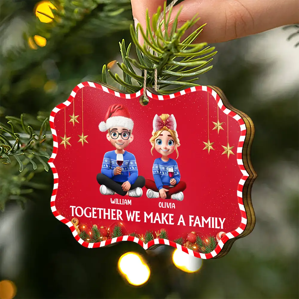 Family,Gift For Women,Gift For Men,Gift For Wife,Gift For Husband,Gift For Grandpa,Gift For Grandma,Gift For Daughter,Gift For Son,Gift For Grandparents,Gift For Grandkids,Christmas,Happy - Together We Make A Family 3D Effect Christmas - Personalized Medallion Wooden Ornament