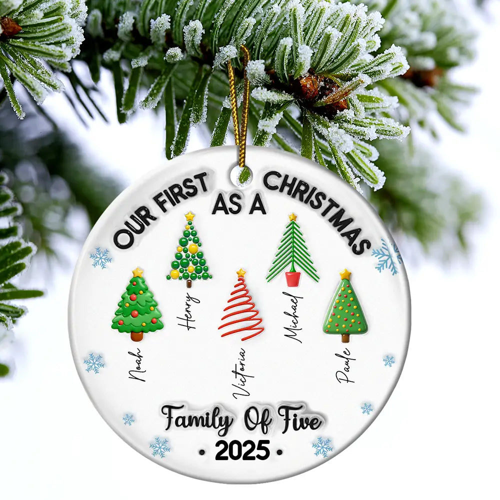 Family,Gift For Women,Gift For Men,Christmas,Happy - Our First Christmas Family Trees Names 3D Inflated Effect - Personalized Circle Ceramic Ornament