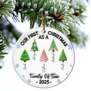 Family,Gift For Women,Gift For Men,Christmas,Happy - Our First Christmas Family Trees Names 3D Inflated Effect - Personalized Circle Ceramic Ornament