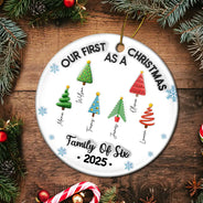 Family,Gift For Women,Gift For Men,Christmas,Happy - Our First Christmas Family Trees Names 3D Inflated Effect - Personalized Circle Ceramic Ornament