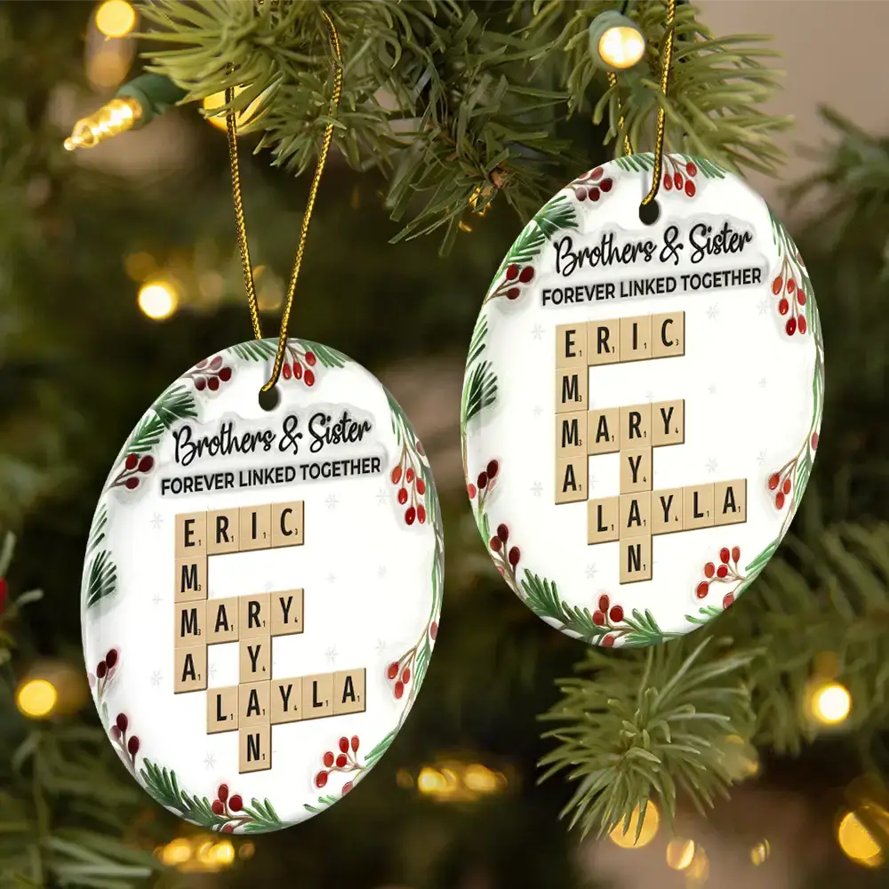 Gift For Sibling,Gift For Sisters,Gift For Brothers,Christmas,Happy - Crossword Brothers & Sisters Forever Linked Together 3D Inflated Effect - Personalized Circle Ceramic Ornament