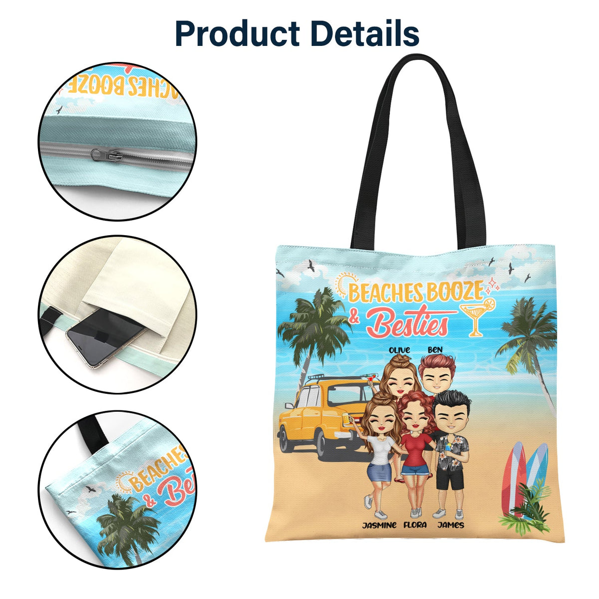 Beach Booze And Besties - Gift For Bestie - Personalized Custom Zippered Canvas Bag