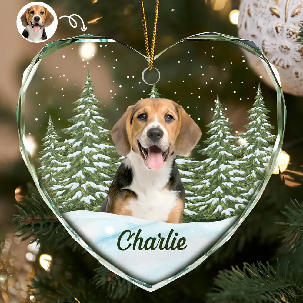 Pet, Cat, Dog - Custom Photo Pet Face Dog Cat Memorial - Personalized Heart Shaped Glass Ornament