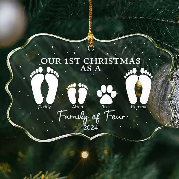 Family - First Christmas As A Family Of Four Footprints - Personalized Medallion Glass Ornament