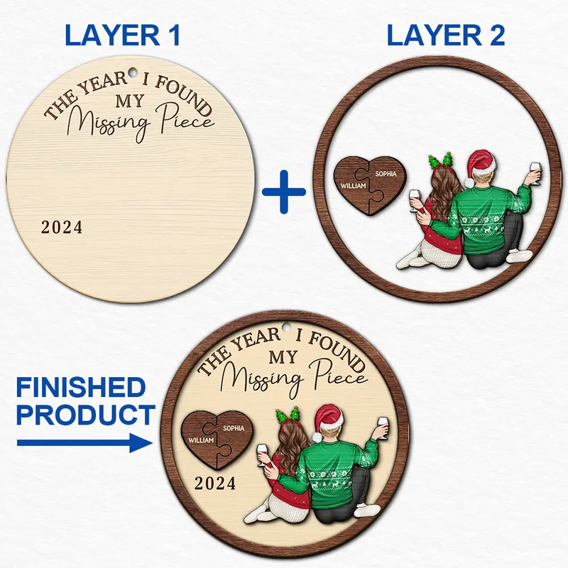 Christmas,Love,Gift For Couples,Gift For Husband,Gift For Wife,Gift For Boyfriend,Gift For Girlfriend,Anniversary - The Year I Found My Missing Piece Backside Couple - Personalized 2-Layered Wooden Ornament
