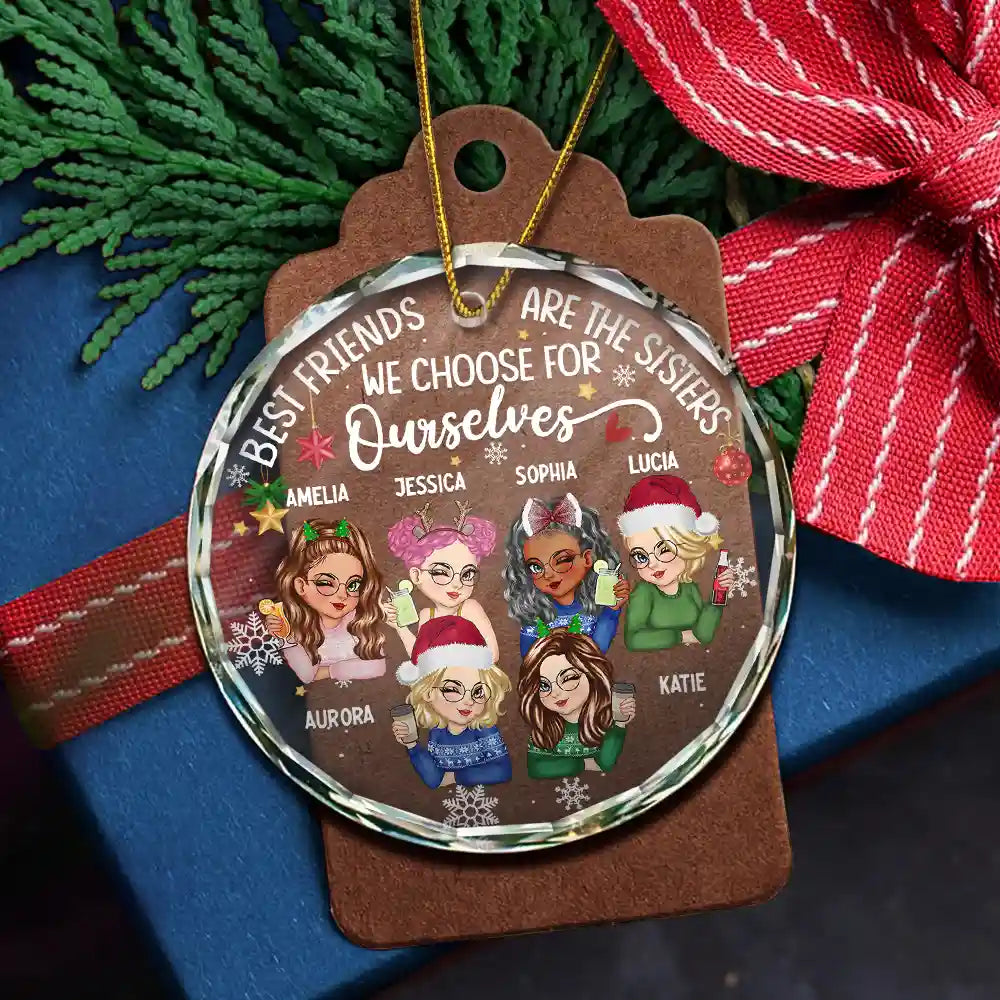 Gift For Bestie, Gifts For Colleagues Sisters By Heart Christmas Besties - Personalized Circle Glass Ornament