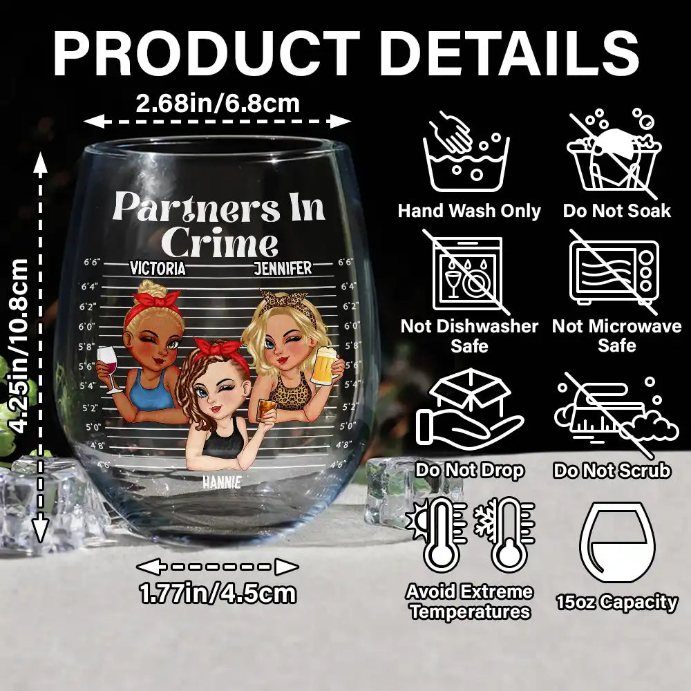 Gift For Bestie,Happy - Bestie Partners In Crime - Personalized Stemless Wine Glass