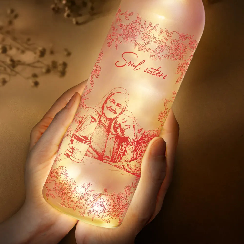Gift For Bestie,Old Best friends,Gift For Sisters,Custom Photo,Happy - Custom Photo Pencil Sketch A True Friendship Is A Journey Without An End - Personalized Bottle Light