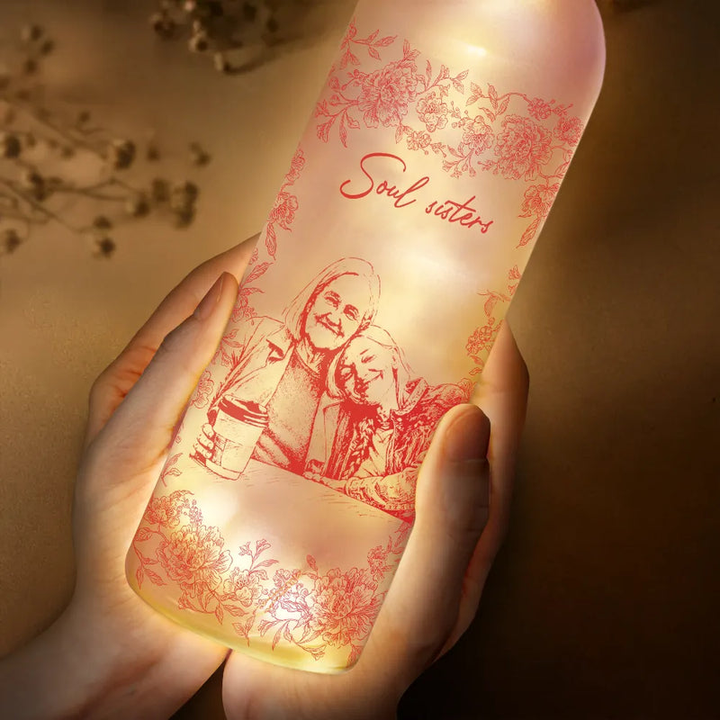 Gift For Bestie,Old Best friends,Gift For Sisters,Custom Photo,Happy - Custom Photo Pencil Sketch A True Friendship Is A Journey Without An End - Personalized Bottle Light