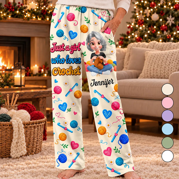 Christmas,Gift For Women,Gift For Yourself,Gifts For Her,Happy,Knitting,Vector - Gift For Crocheter Knitter Mom Grandma - Personalized Just A Girl Who Loves Yarn Pajama Pants