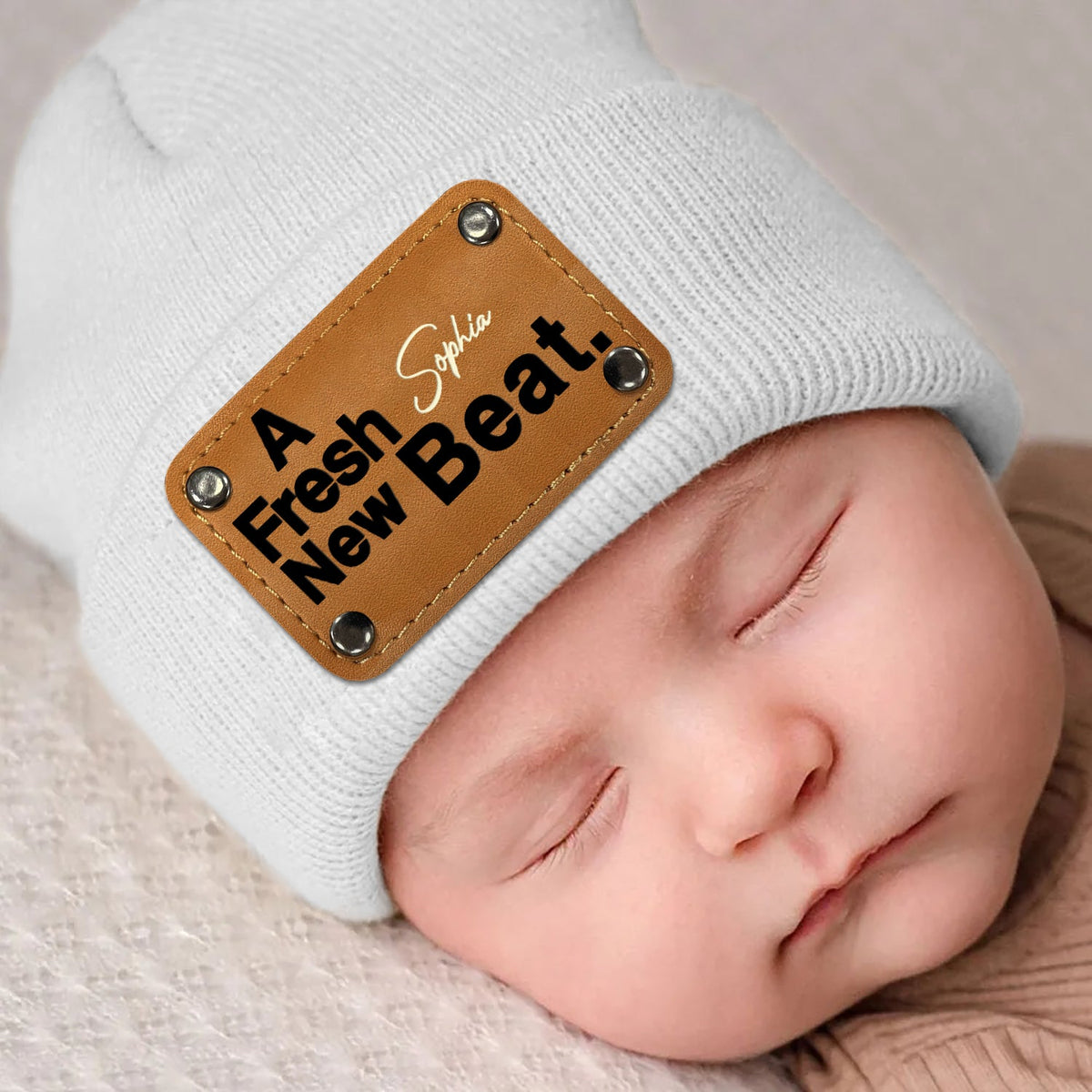The Original Remix - Gift For Baby, Newborn, New Dad, Mom - Personalized Beanie With Leather Patch