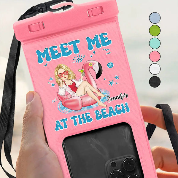 Meet Me At The Beach Cartoon Girl On Float - Personalized Waterproof Phone Pouch