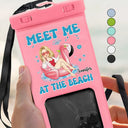 Meet Me At The Beach Cartoon Girl On Float - Personalized Waterproof Phone Pouch