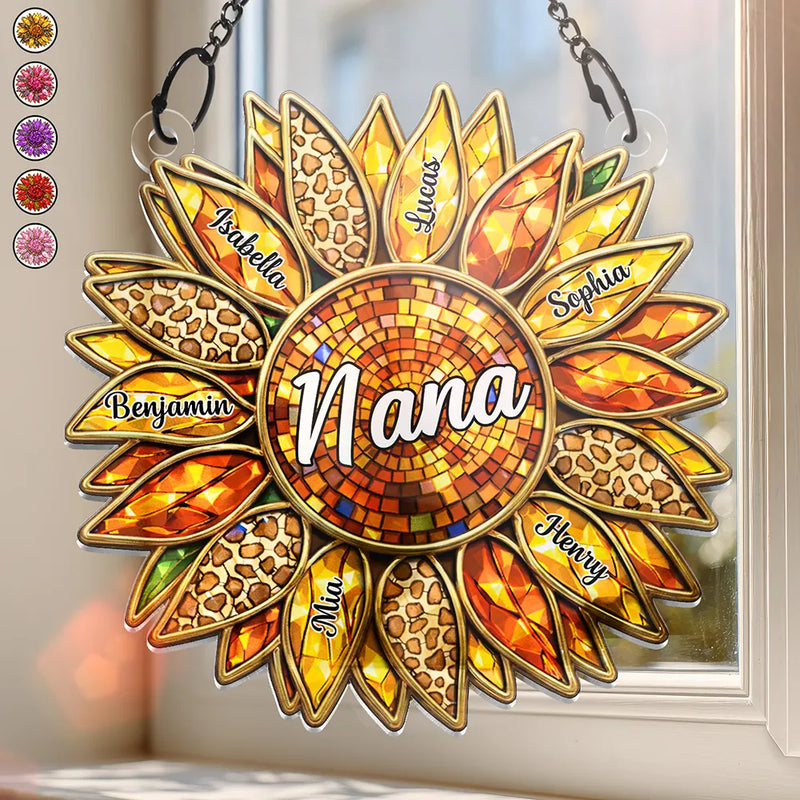 Gift For Mother,Gift For Grandma,Gift For Wife,Happy - Nana Mom Granny Mimi Family Sunflower - Personalized Window Hanging Suncatcher Ornament