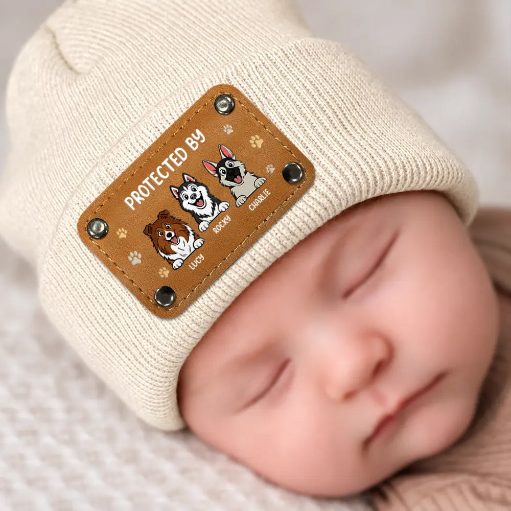 Top Market,Pet Mom,New Baby,Playful,Christmas,Gift For Mother,Pet Lovers,Vector - New Baby Protected By Pets Gift For New Mom New Dad New Baby - Personalized Beanie With Leather Patch