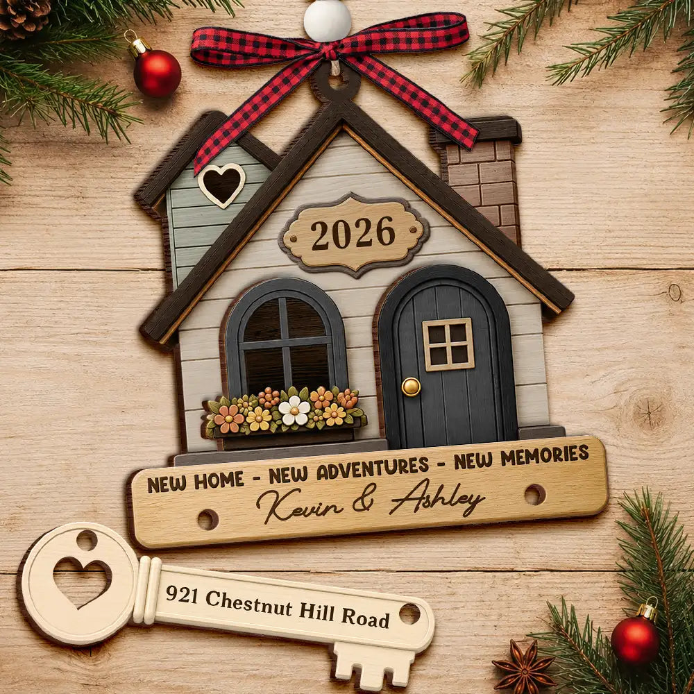 Top Market,Christmas,Married Couple,Gift For Couples,Custom Text,Happy - New Home New Adventures New Memories - Personalized Wooden Ornament With Tag