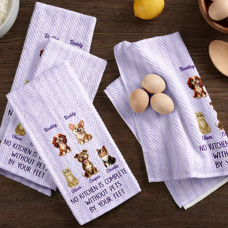 Happy,Dog Lovers,Pet Lovers,Cat Lovers - No Kitchen Is Complete Without A Dog Cat By Your Feet - Personalized Kitchen Towel