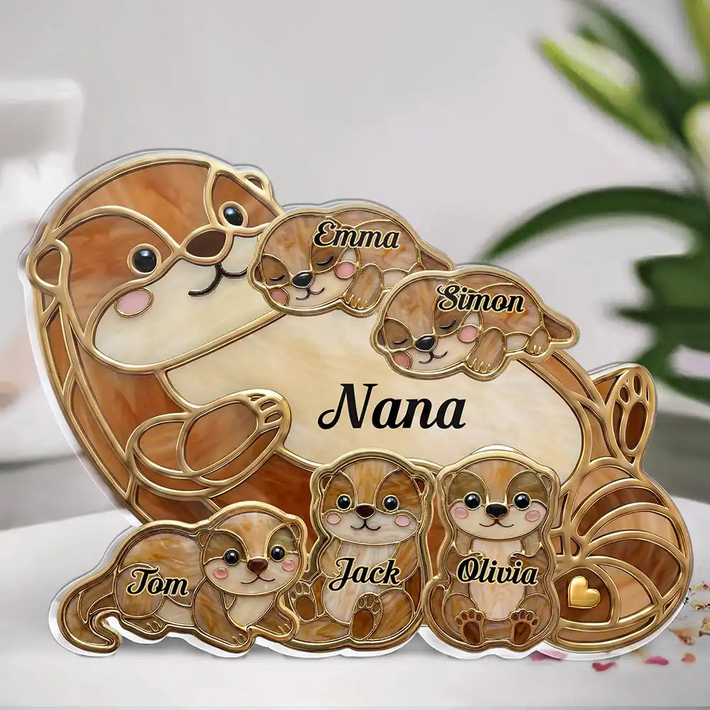 Otter Pups Stained Glass Effect Mom Grandma - Personalized Custom Shaped Acrylic Plaque