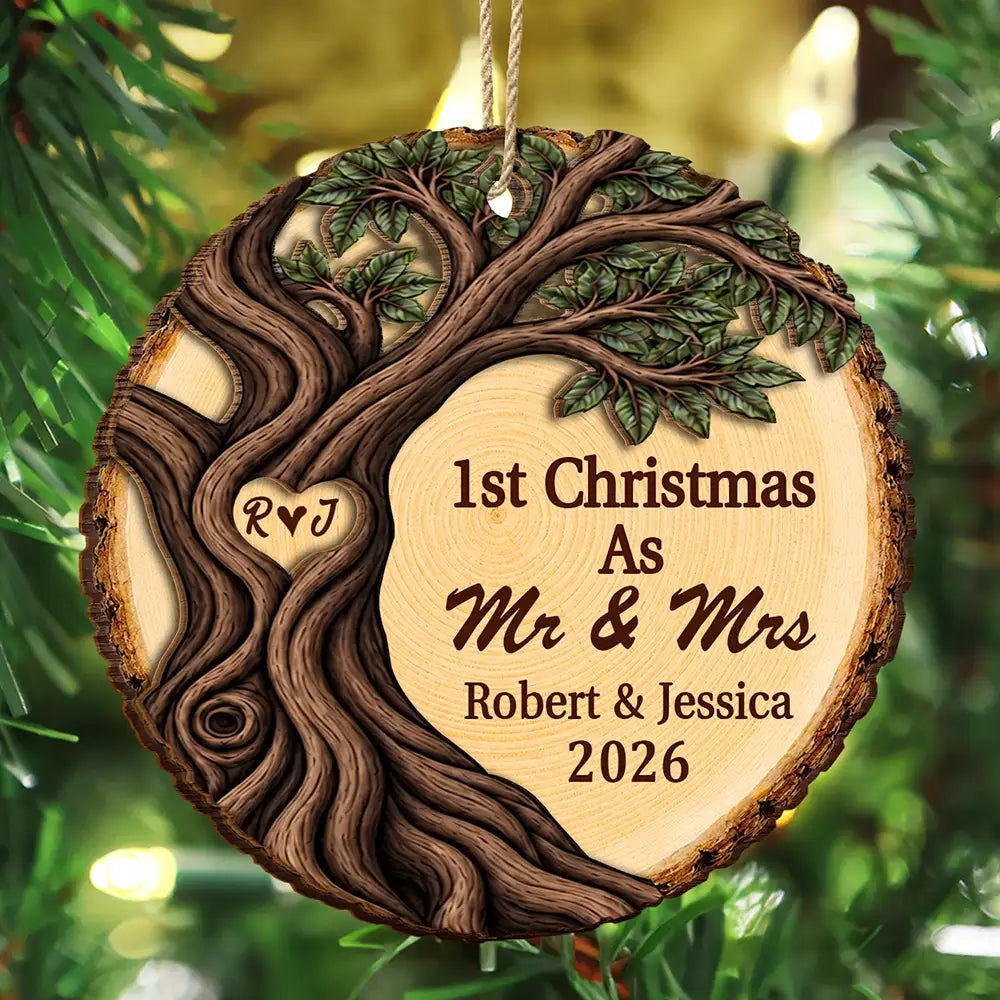 Our First Christmas As Mr & Mrs Newly Wed Couple - Personalized 2-Layered Wooden Ornament