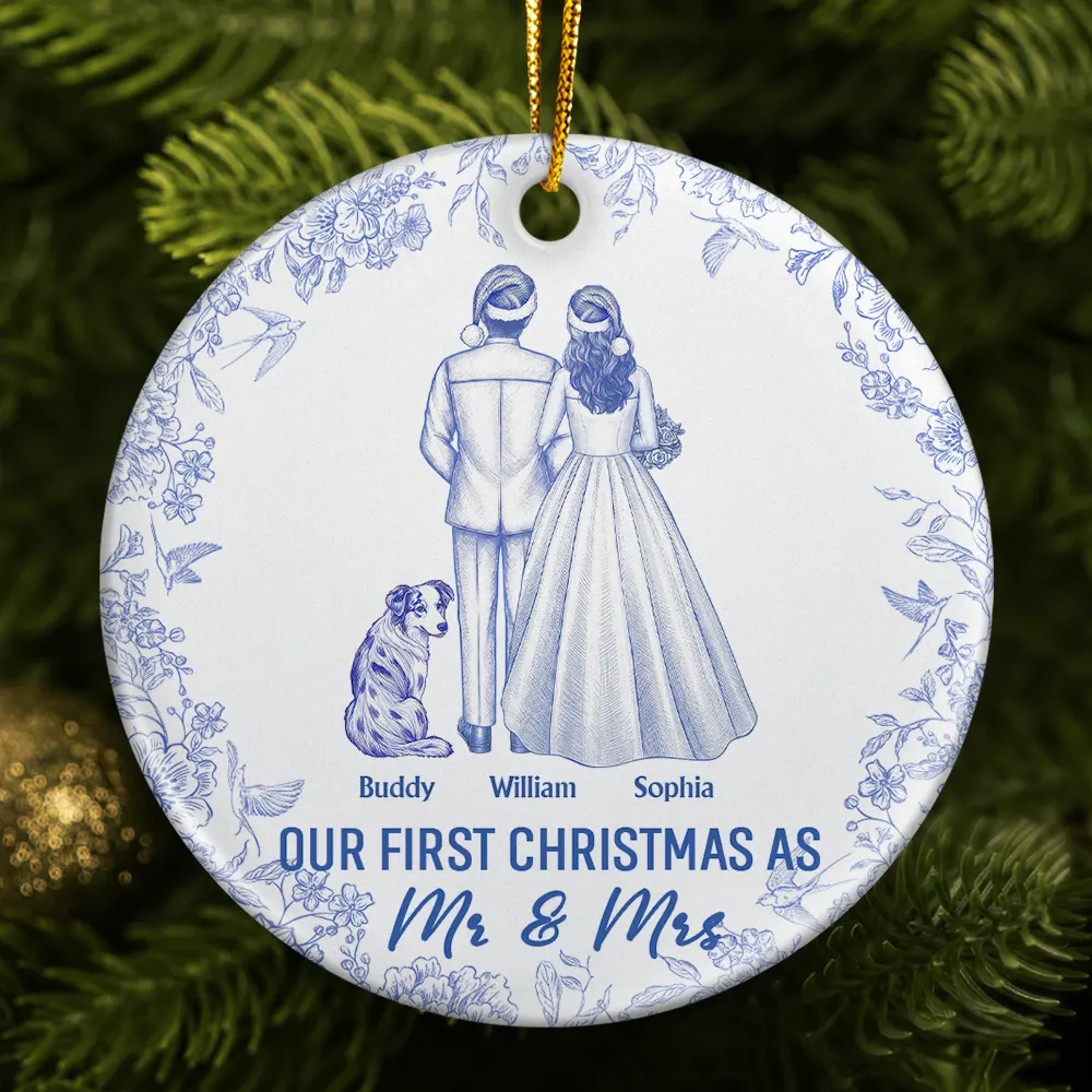 Our First Christmas As Mr & Mrs Wedding Couple Dog Cat Pet Toilet - Personalized Circle Ceramic Ornament