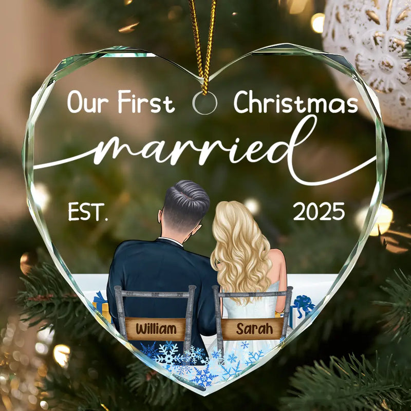 Gift For Couples - Our First Christmas Married Couples - Personalized Heart Shaped Glass Ornament