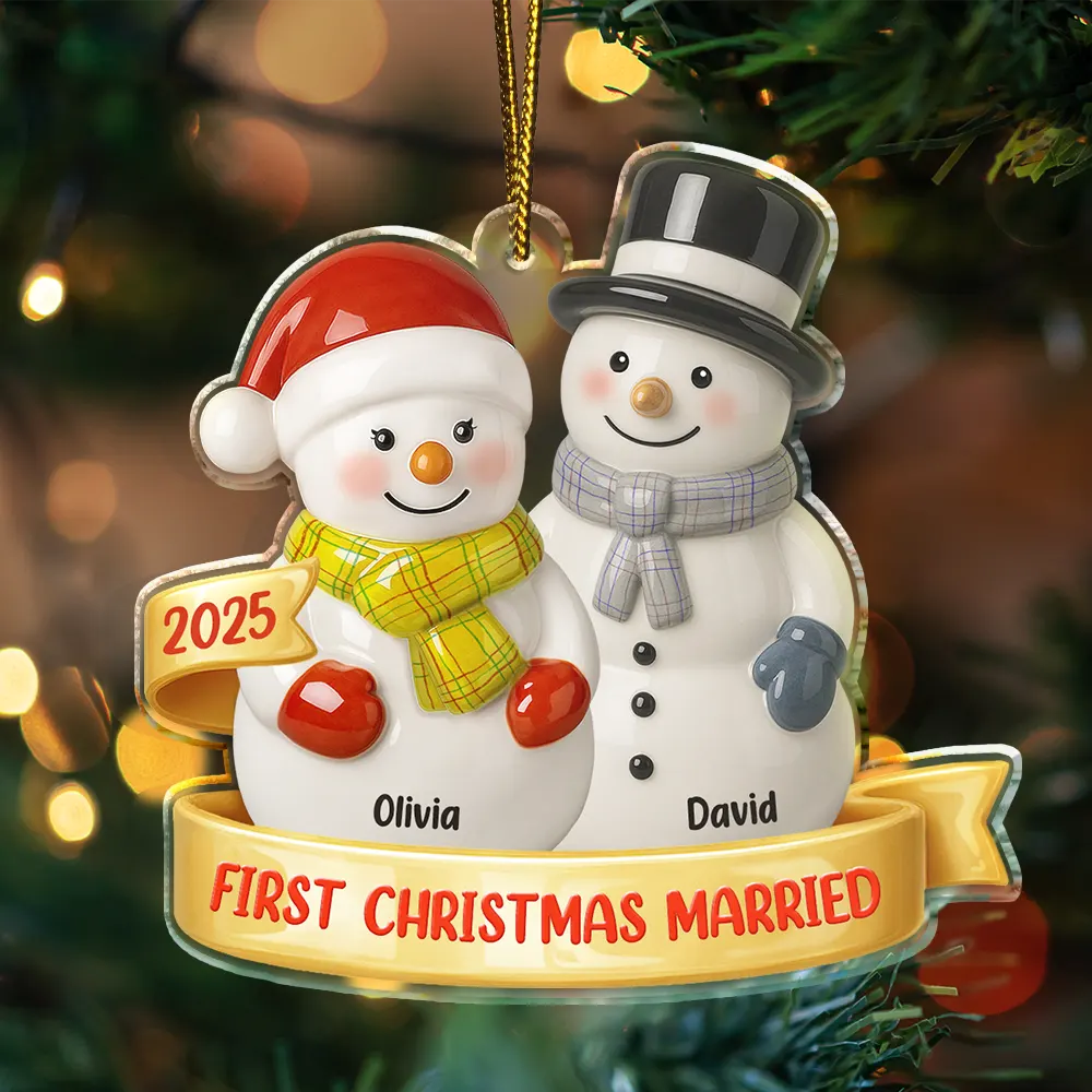 Gift For Couples,Old Couples,Gift For Women,Gift For Men,Gift For Husband,Gift For Wife,Love,Christmas,Gift For Boyfriend,Gift For Girlfriend - Our First Christmas Together Snowman Couple Ceramic Effect - Personalized Custom Shaped Acrylic Ornament