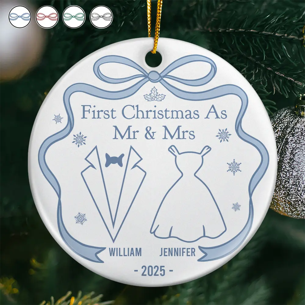 Christmas, Gift For Couples, Gift For Husband, Gift For Wife, Married, Engaged, Love - Our First Christmas Toile De Jouy - Personalized Circle Ceramic Ornament