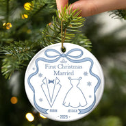 Christmas, Gift For Couples, Gift For Husband, Gift For Wife, Married, Engaged, Love - Our First Christmas Toile De Jouy - Personalized Circle Ceramic Ornament