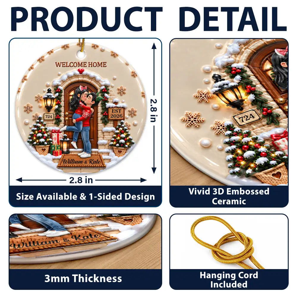 Christmas,Romantic,Gift For Couples,Vector - Our First Home - Personalized 3D Embossed Circle Ceramic Ornament